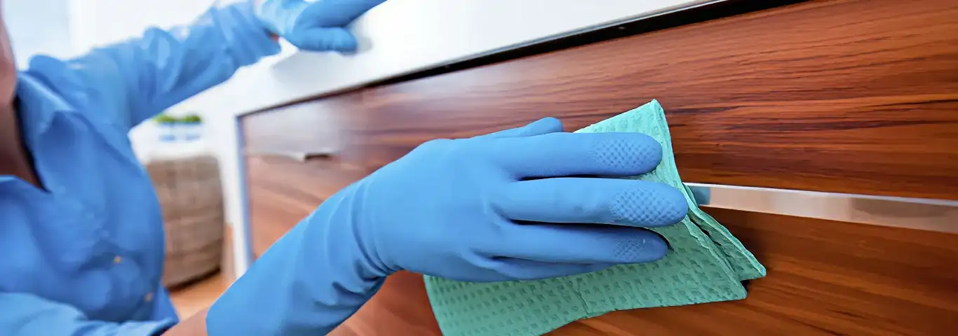 Cleaner wearing blue gloves wiping a wooden cabinet drawer with a microfiber cloth for dust and grime removal, Evansville, IN.