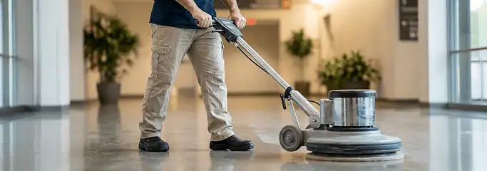 Professional technician using an industrial floor buffer to polish and maintain shiny commercial flooring in a corporate hallway in Evansville, IN.