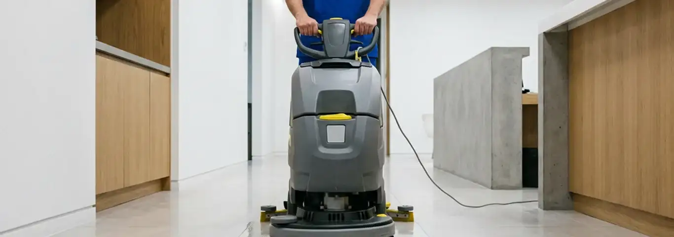 Janitorial staff using a floor scrubber machine to clean a commercial hallway, Evansville, IN.