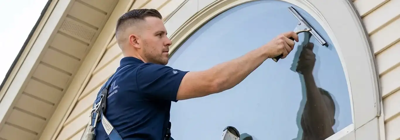 Professional window cleaner using a squeegee to clean an exterior arched window on a home, Evansville, IN.
