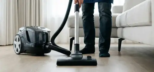 Professional house cleaner vacuuming a living room floor with a canister vacuum cleaner, Evansville, IN.