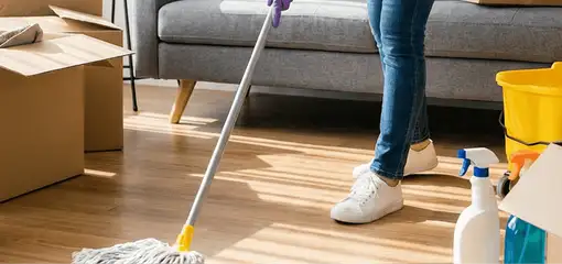 Move-out cleaning setup with a cleaner mopping hardwood floors near moving boxes and cleaning supplies, Evansville, IN.