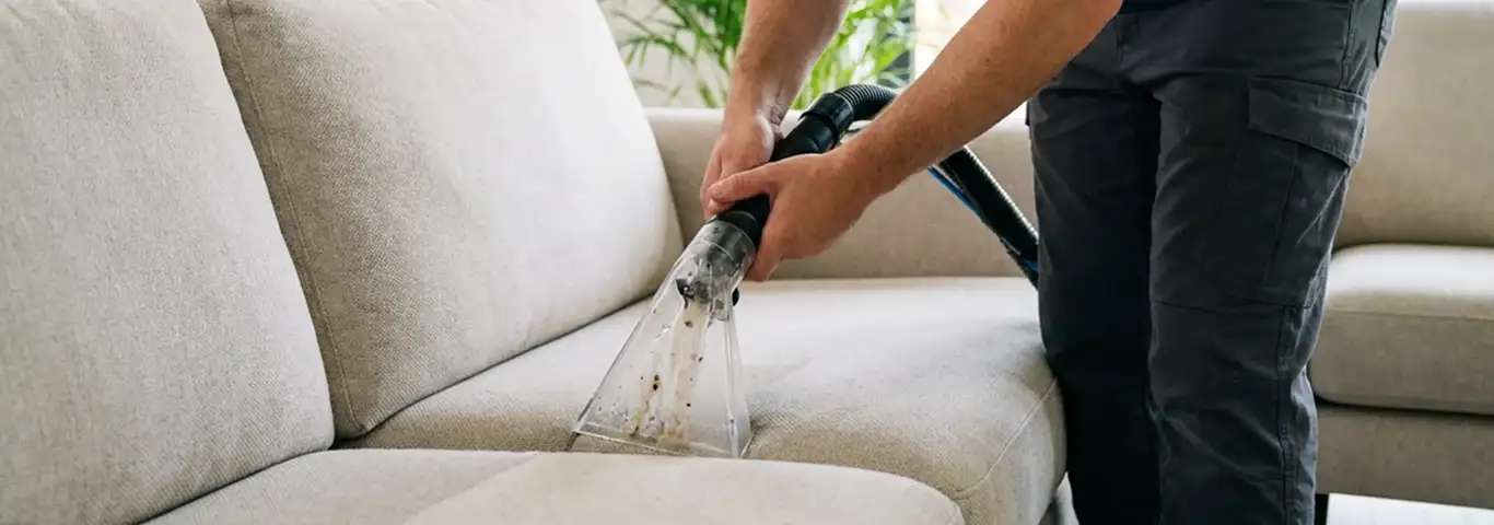 Technician extracting dirt and moisture from a fabric sofa with an upholstery cleaning wand, Evansville, IN.