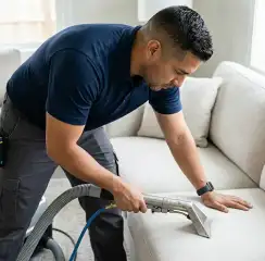 Professional upholstery cleaning technician using an extraction wand to deep-clean a fabric sofa, Evansville, IN.