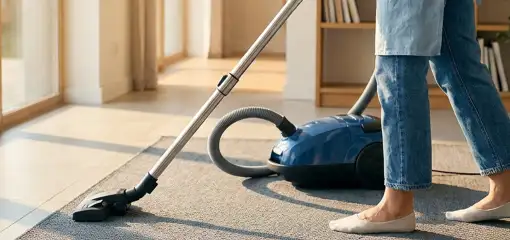 Person vacuuming a living room rug with a canister vacuum cleaner near large windows, Evansville, IN.